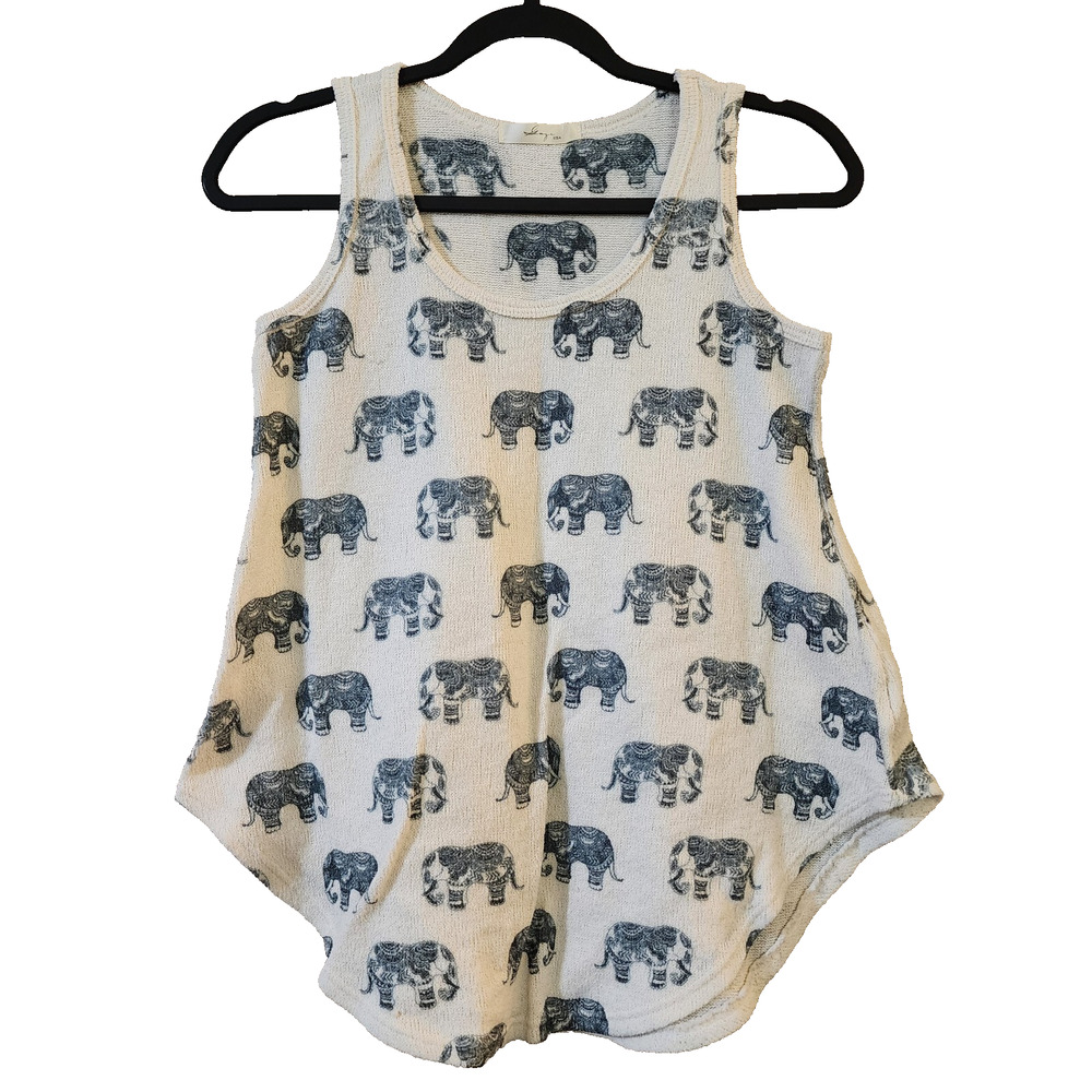 Gaze USA Womens Knit Tank Top Size M Ivory Gray Elephant Print Pullover Stretch